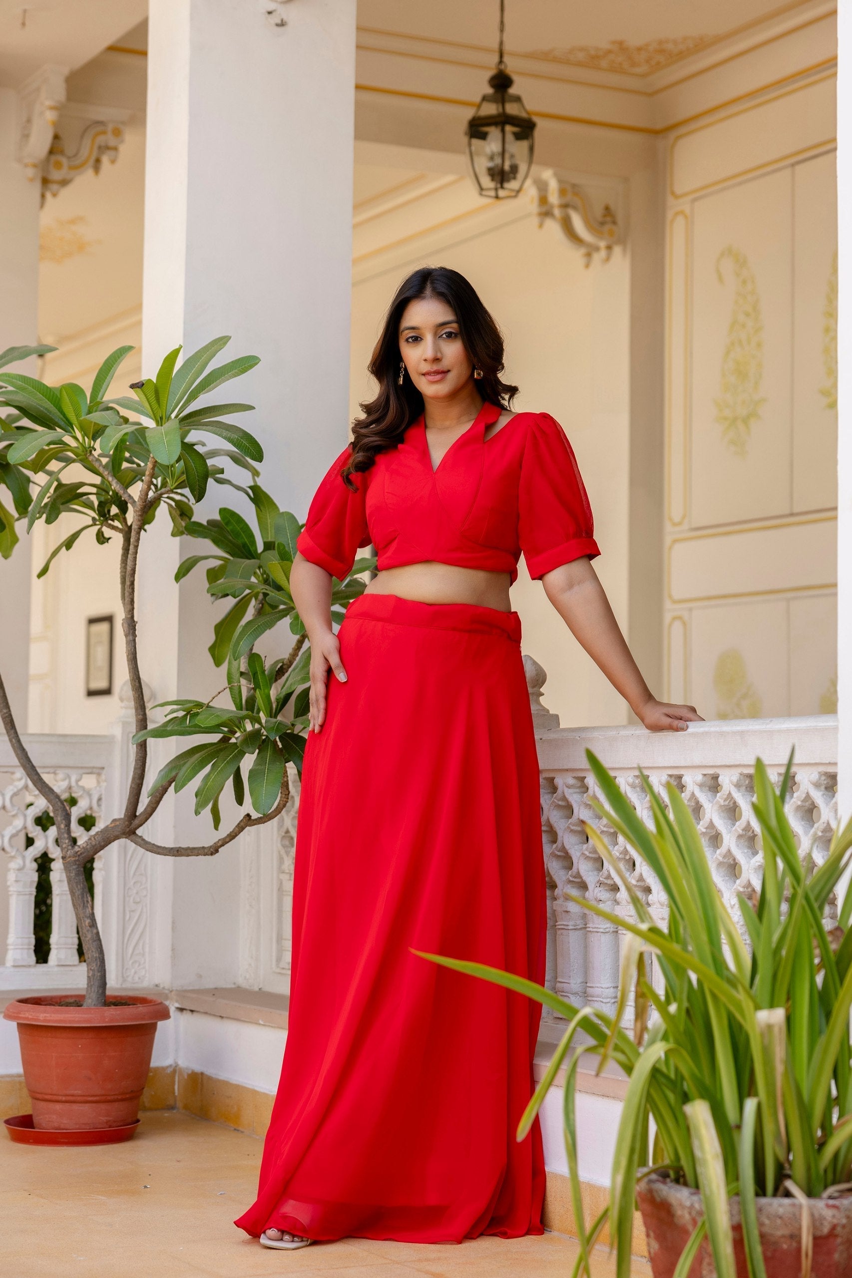 Red Stylish Plain Georgette Lehenga Set with Fancy Neck & Back Design Blouse