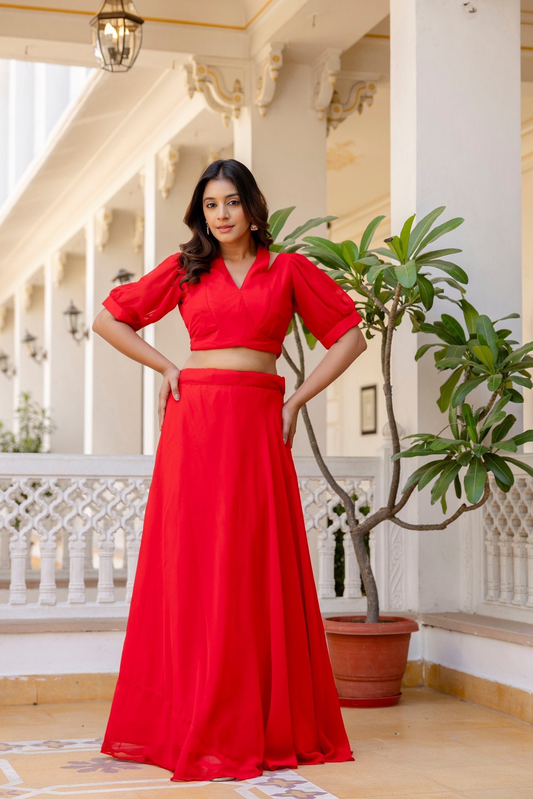 Red Stylish Plain Georgette Lehenga Set with Fancy Neck & Back Design Blouse