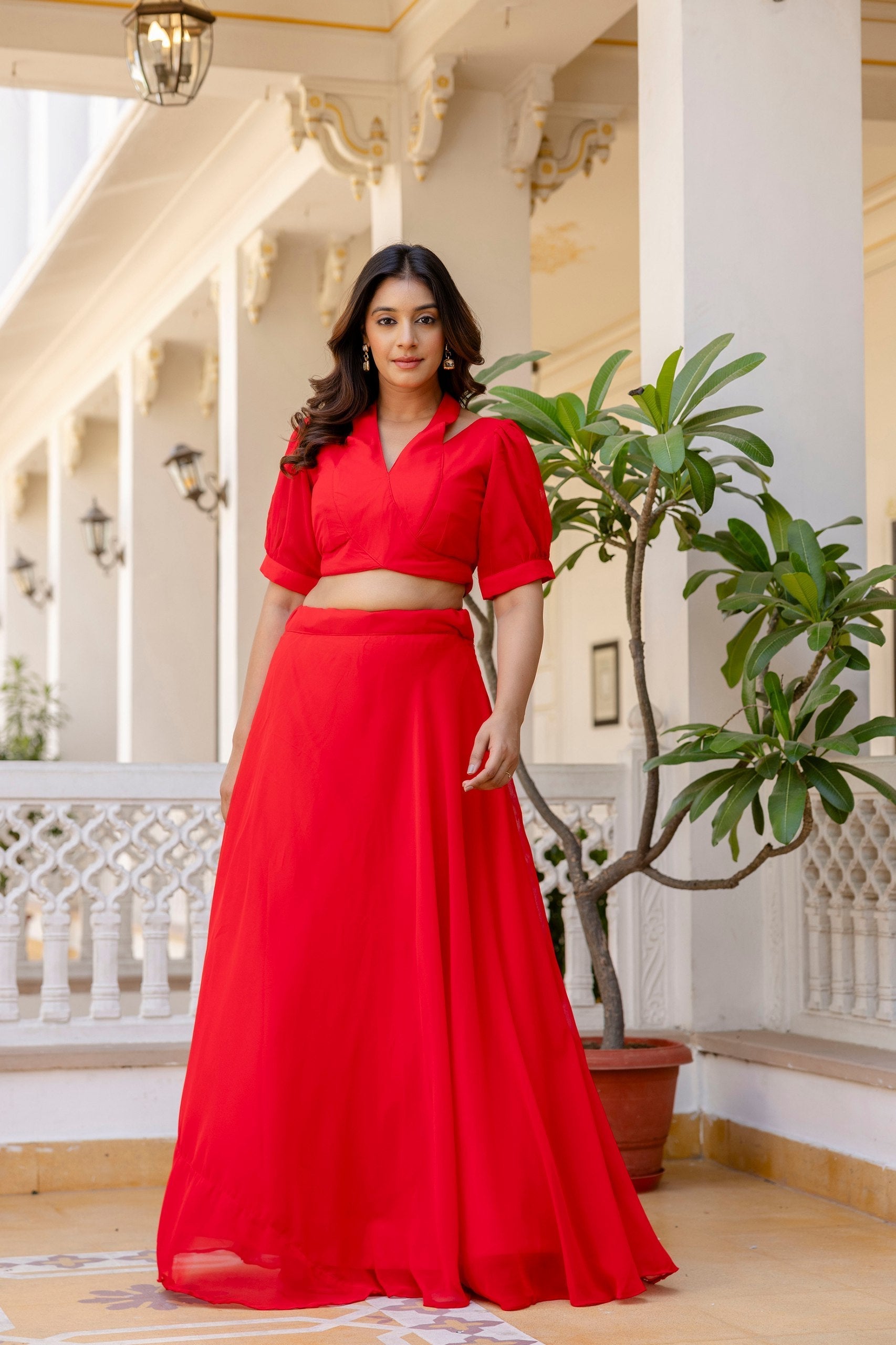 Red Stylish Plain Georgette Lehenga Set with Fancy Neck & Back Design Blouse