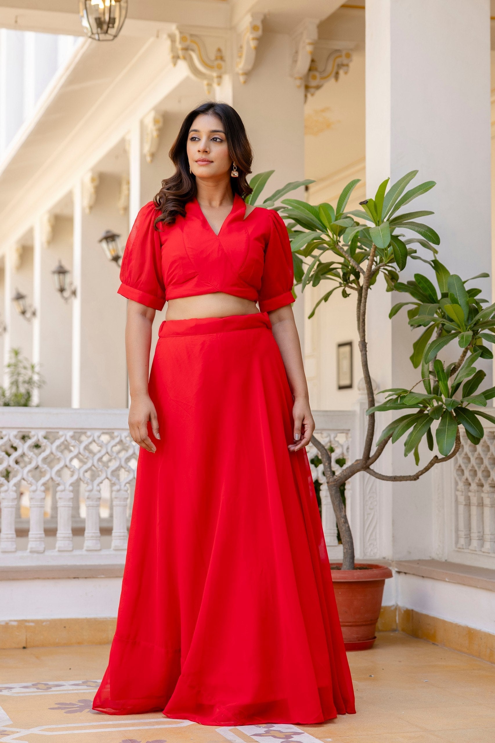Red Stylish Plain Georgette Lehenga Set with Fancy Neck & Back Design Blouse