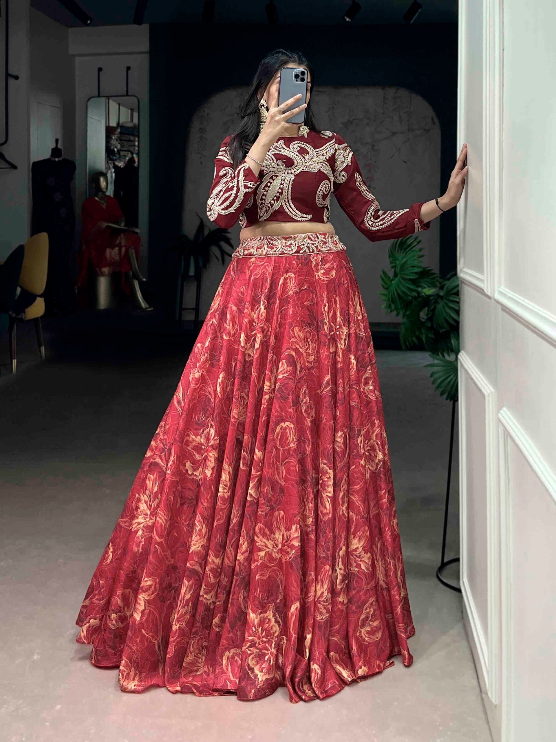 Red Tasar Silk Lehenga & Embroidered Blouse