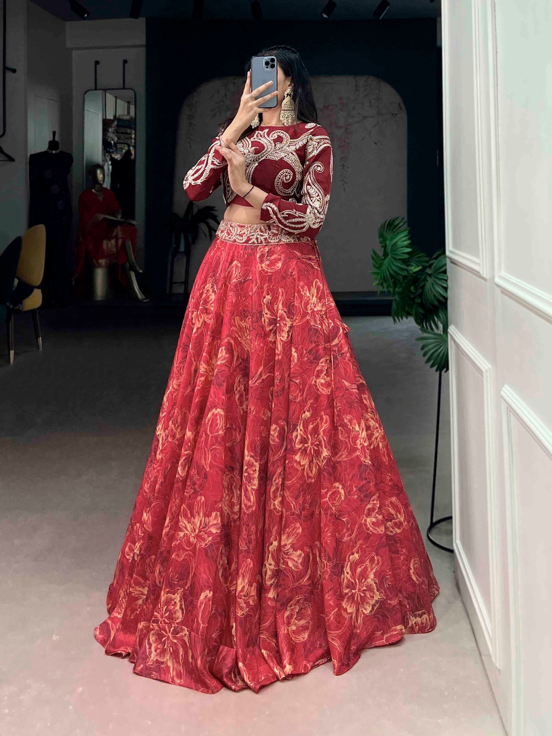 Red Tasar Silk Lehenga & Embroidered Blouse