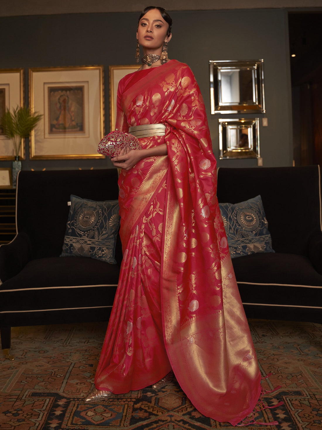 Red Trendy Cotton Silk Jacquard Saree with Zari Woven Border
