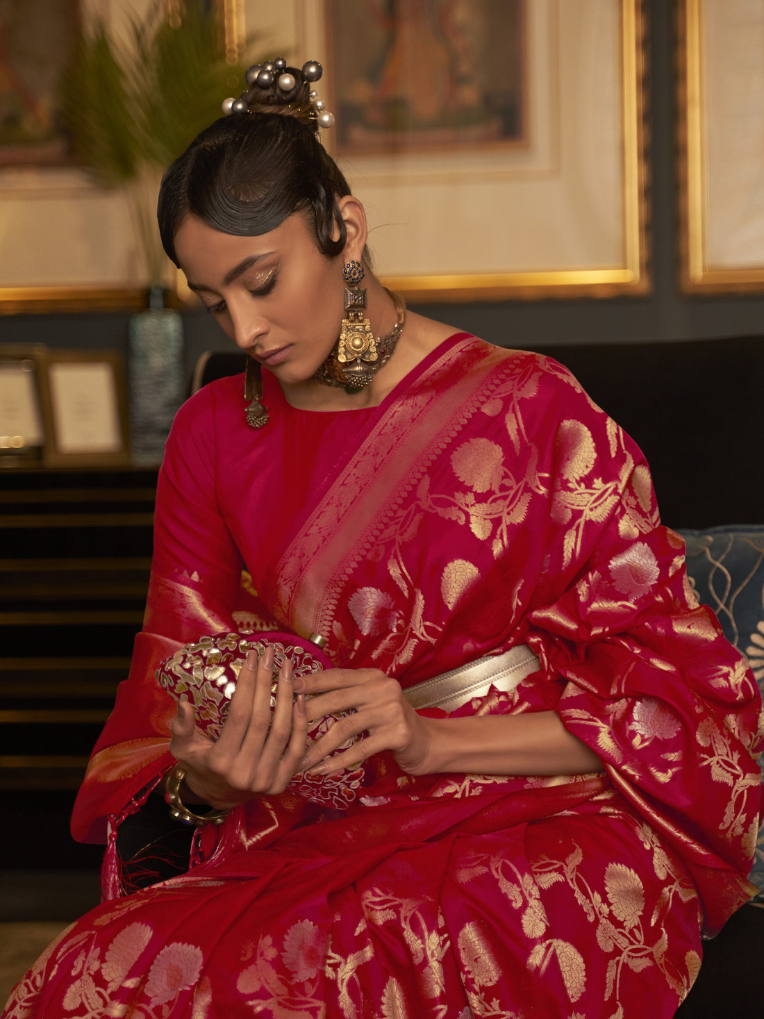Red Trendy Cotton Silk Jacquard Saree with Zari Woven Border