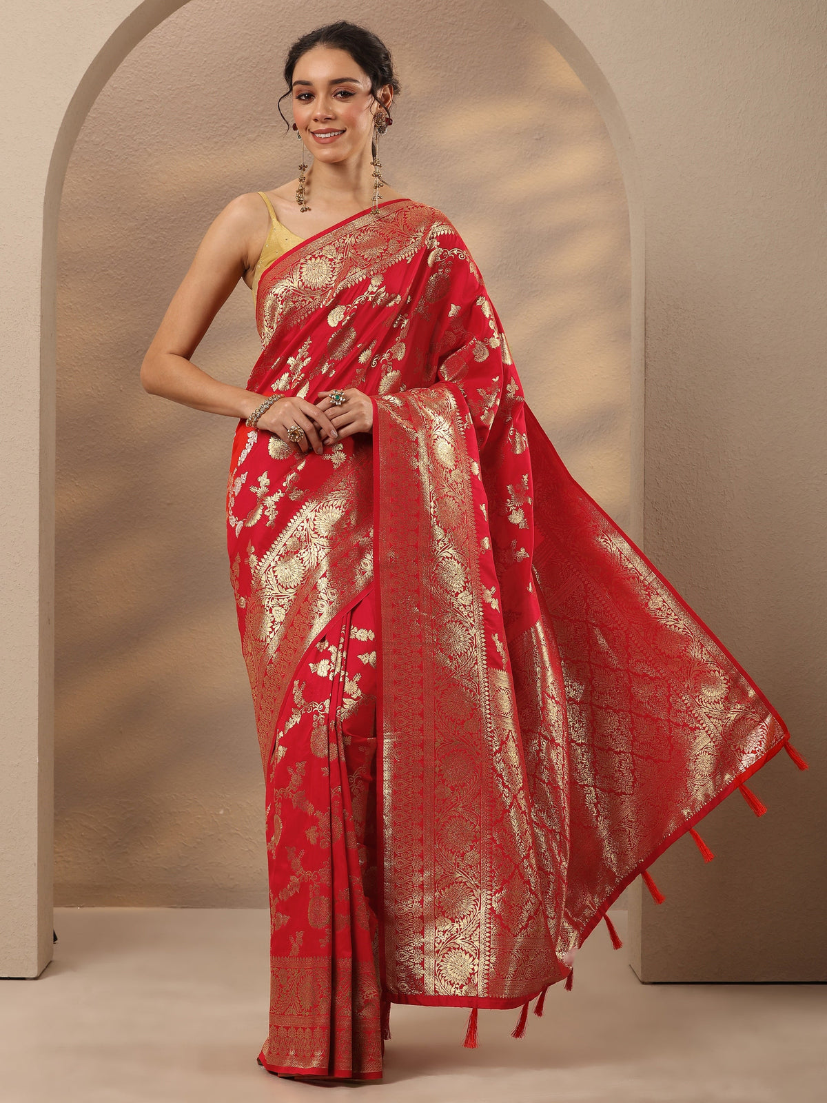 Anouk Red Woven Design Silk Blend Saree With Unstitched Blouse Piece