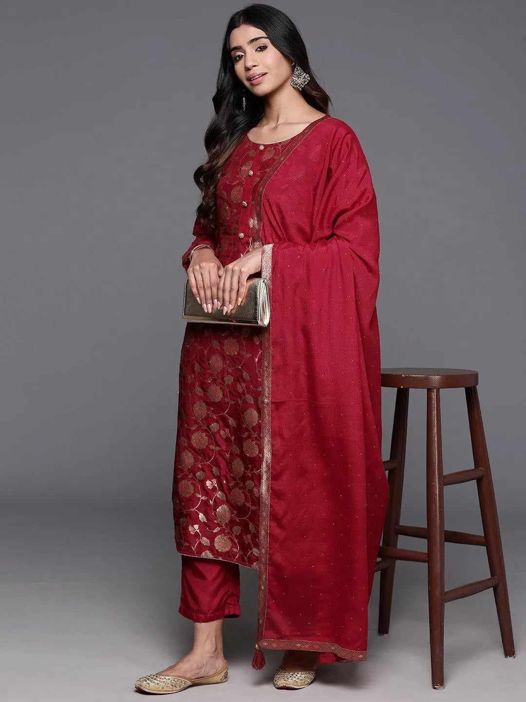 Anouk Red Woven Design Silk Blend Straight Suit With Dupatta