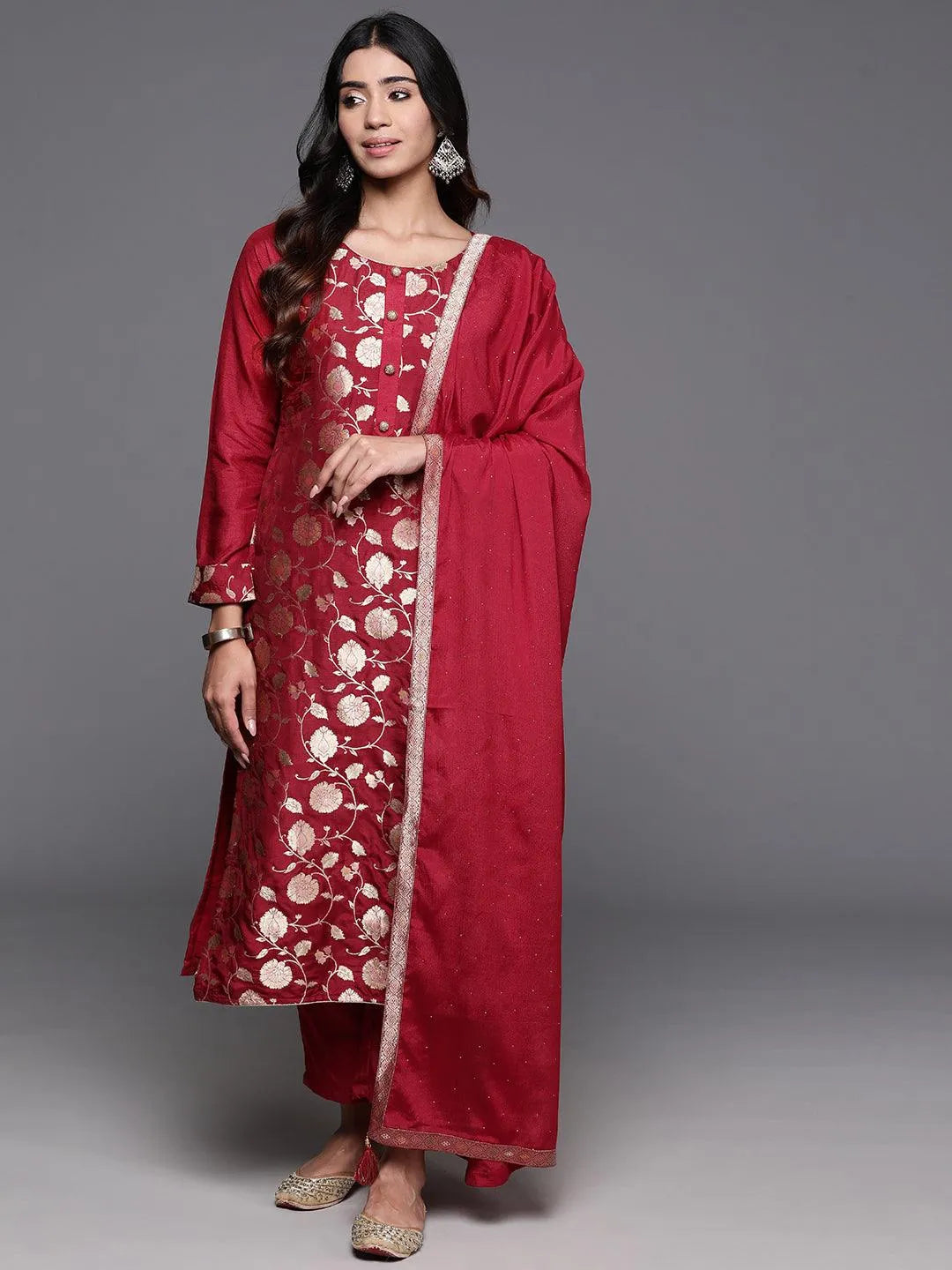 Anouk Red Woven Design Silk Blend Straight Suit With Dupatta