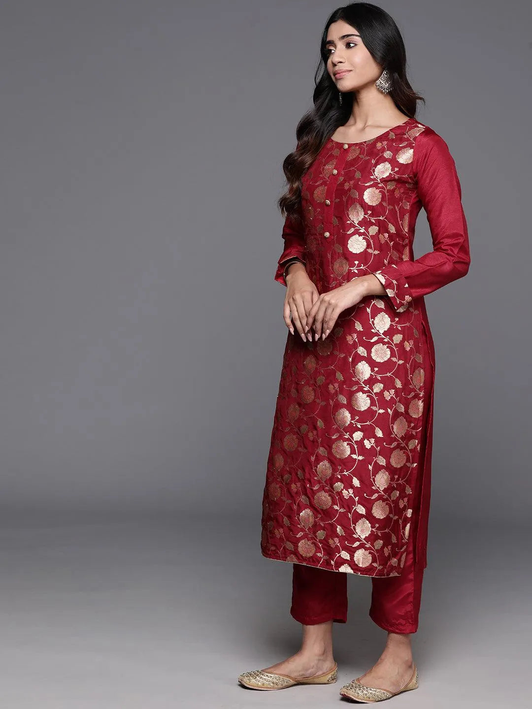 Anouk Red Woven Design Silk Blend Straight Suit With Dupatta