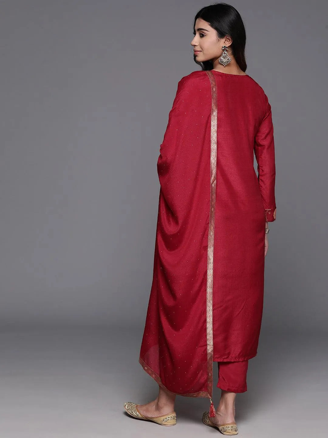 Anouk Red Woven Design Silk Blend Straight Suit With Dupatta
