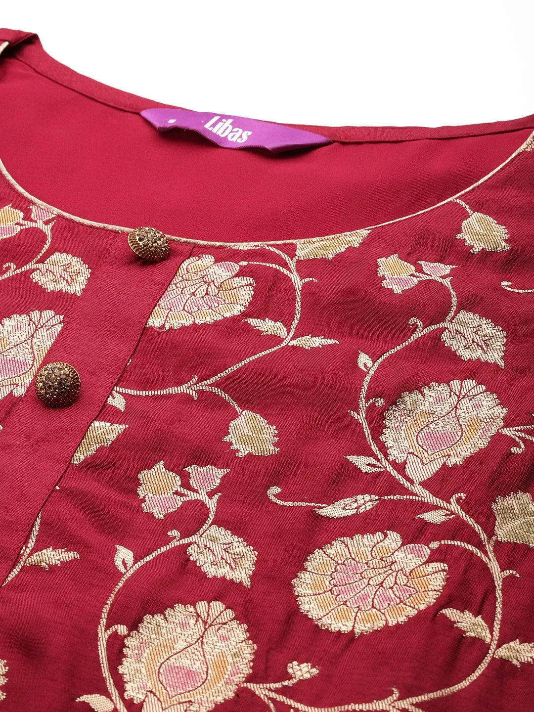 Anouk Red Woven Design Silk Blend Straight Suit With Dupatta