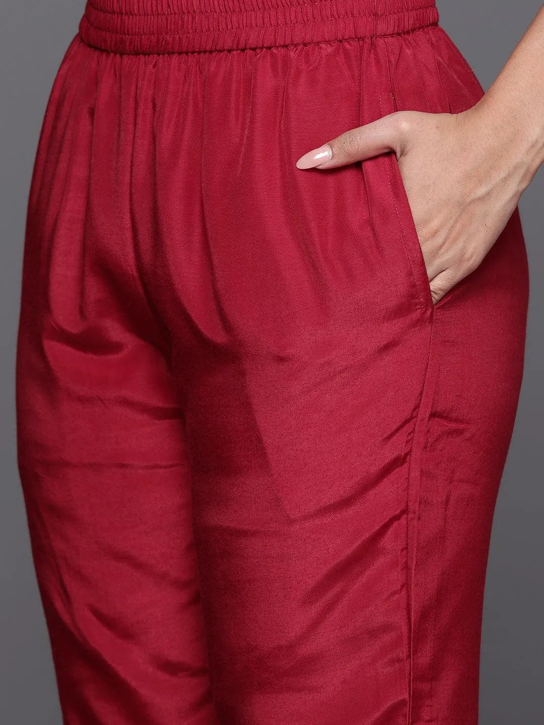 Anouk Red Woven Design Silk Blend Straight Suit With Dupatta