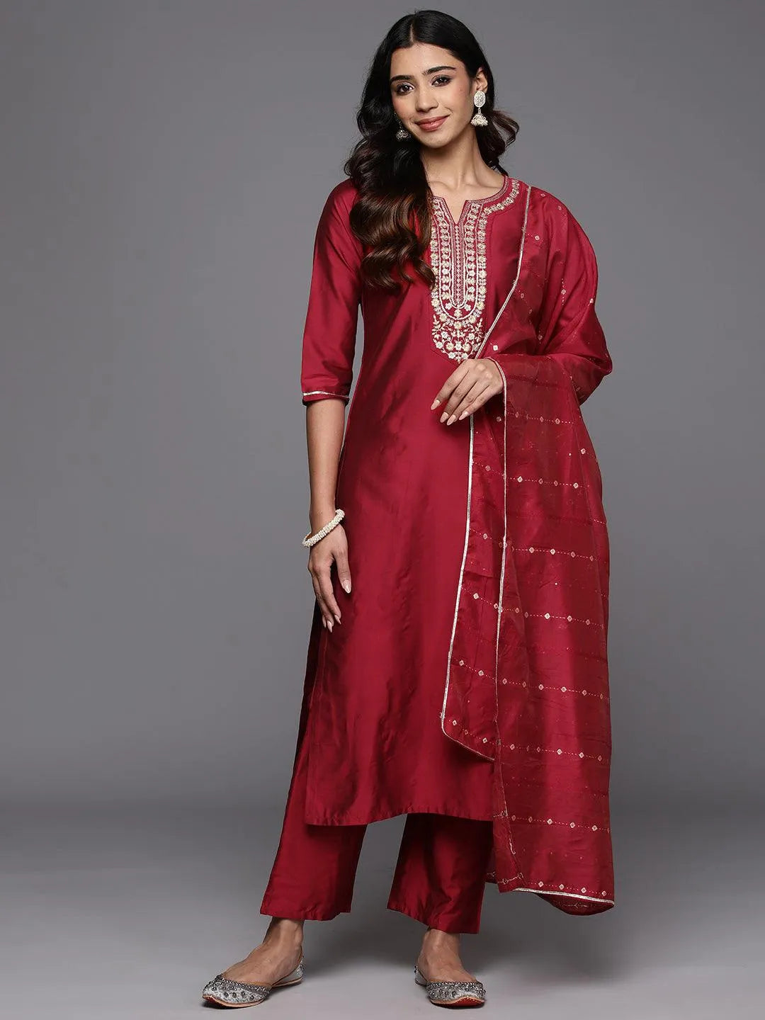 Anouk Red Yoke Design Silk Blend Straight Suit With Dupatta