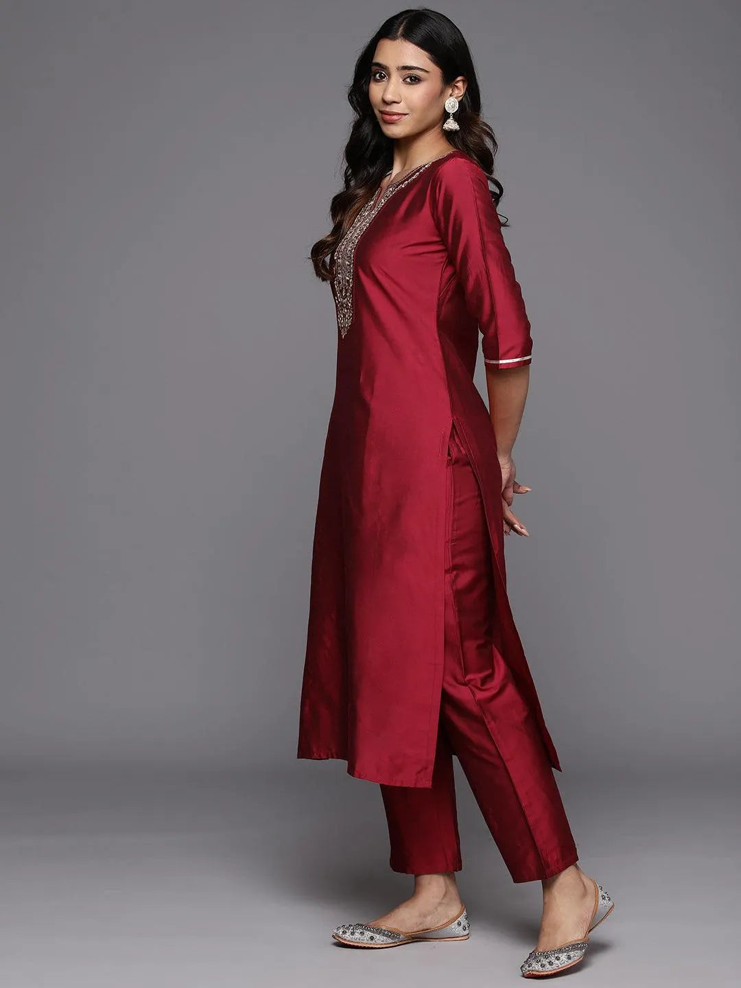 Anouk Red Yoke Design Silk Blend Straight Suit With Dupatta