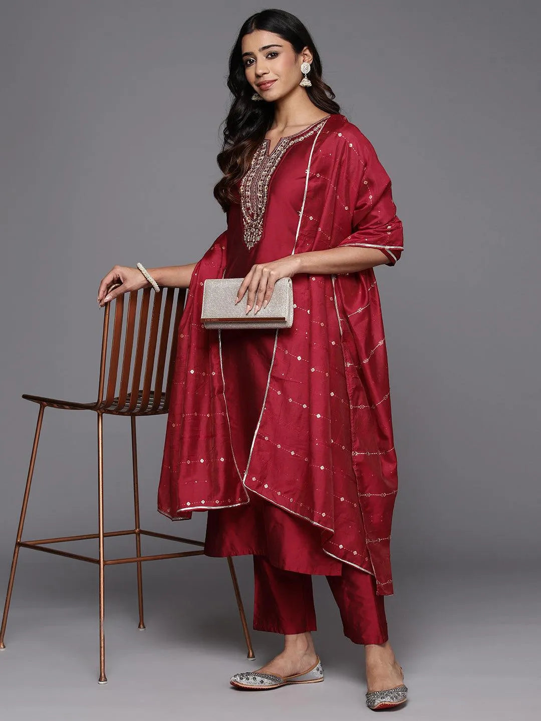 Anouk Red Yoke Design Silk Blend Straight Suit With Dupatta