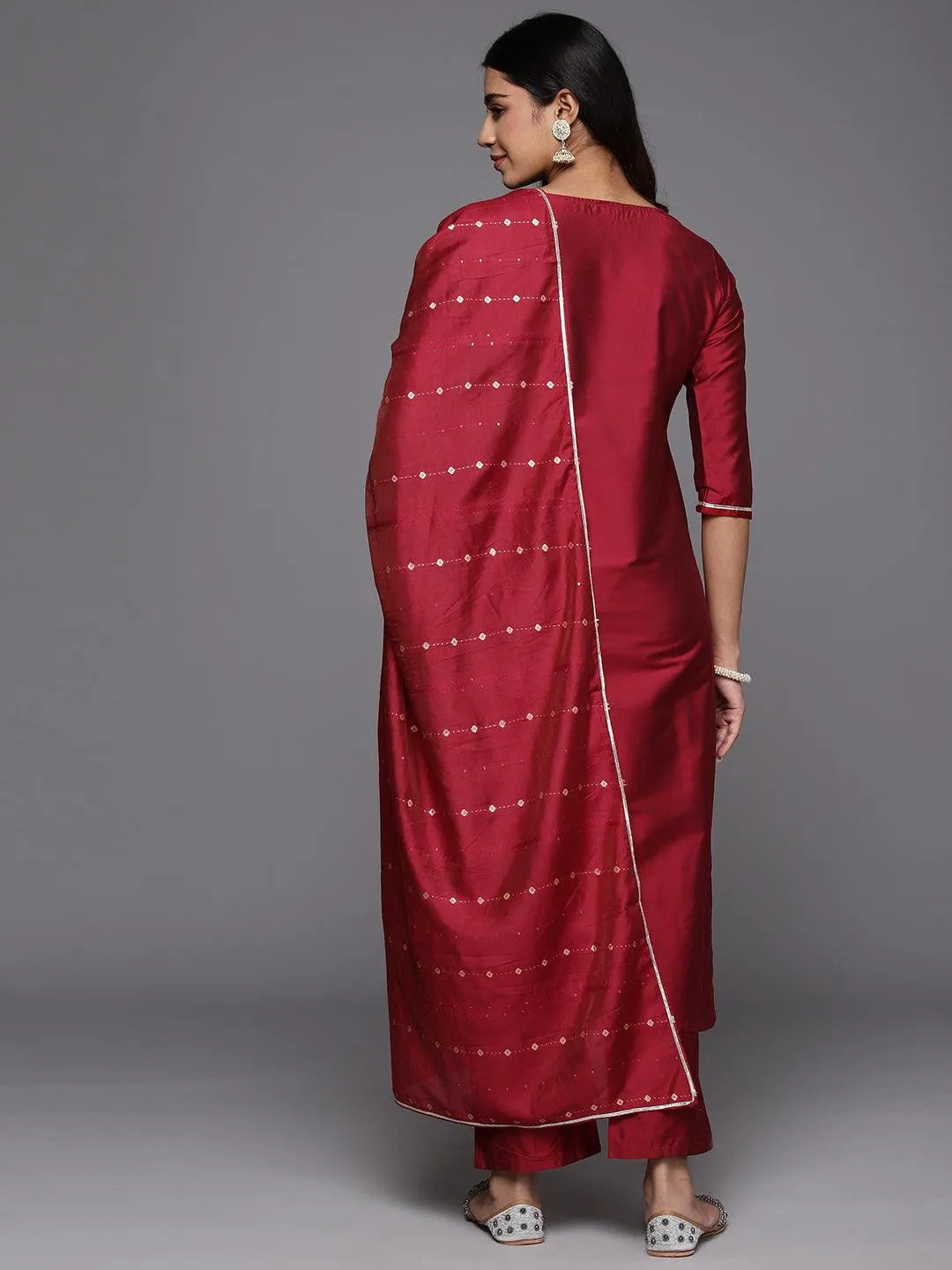 Anouk Red Yoke Design Silk Blend Straight Suit With Dupatta