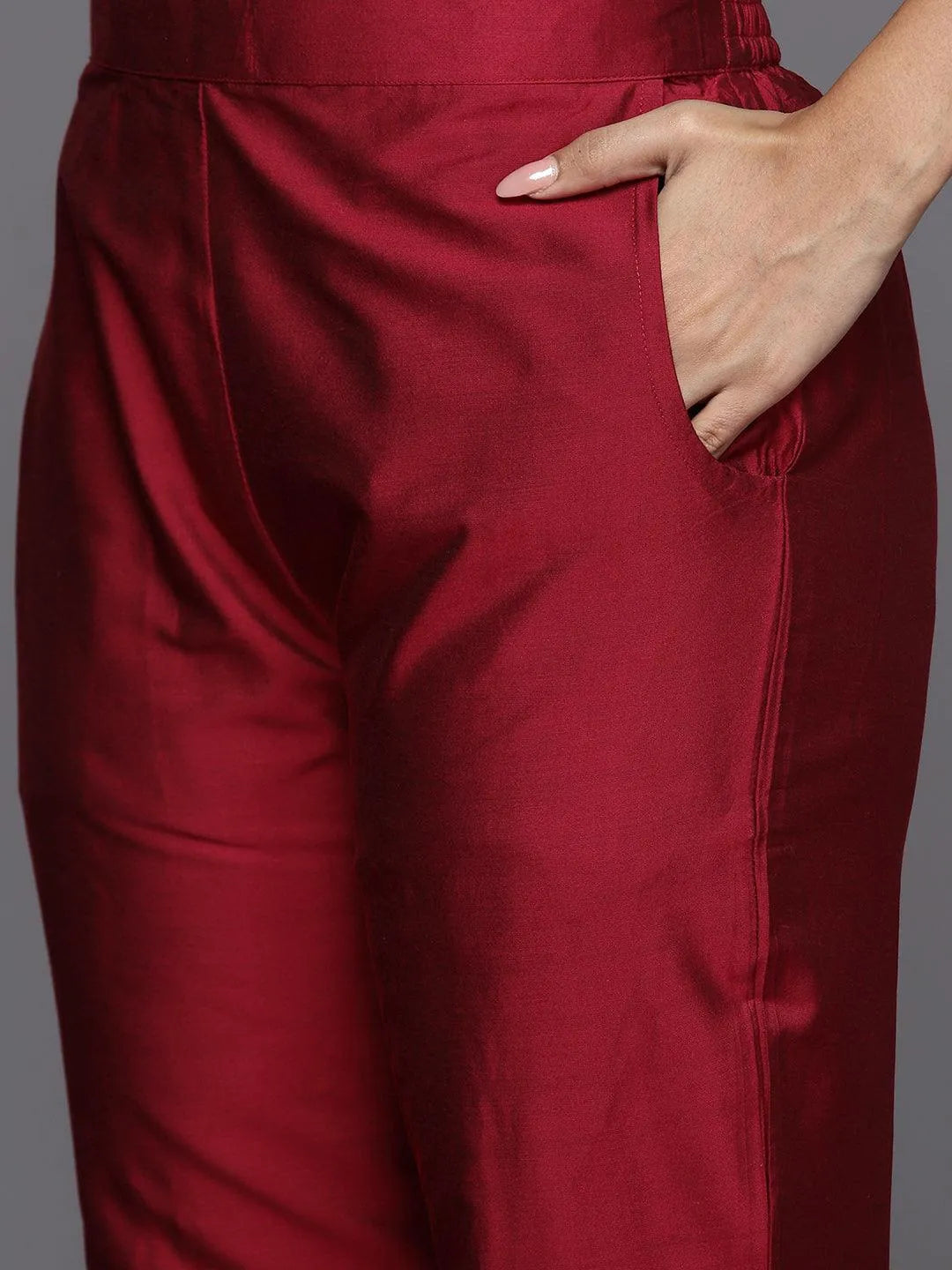 Anouk Red Yoke Design Silk Blend Straight Suit With Dupatta