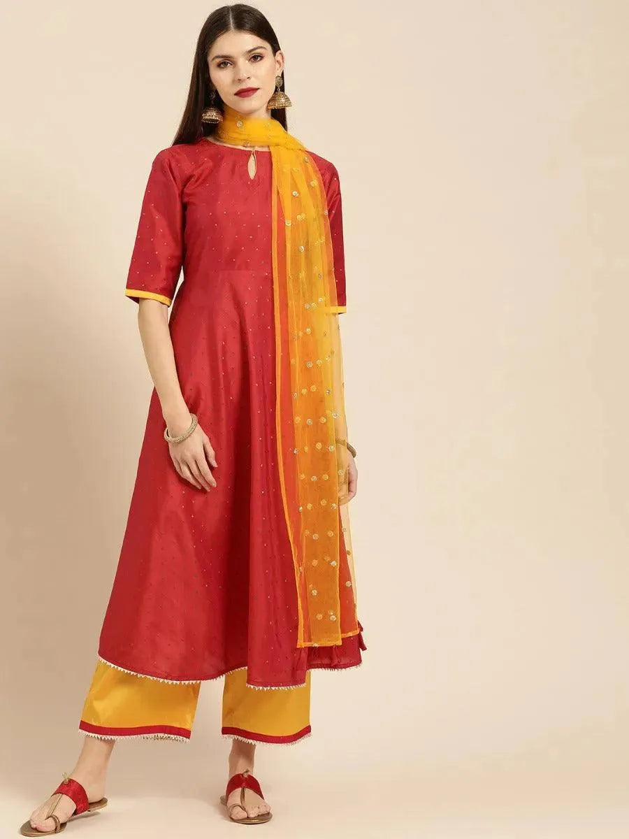 Anouk Red Zari Work Chanderi Silk Anarkali Kurta With Palazzos & Dupatta