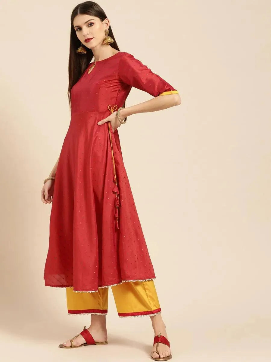 Anouk Red Zari Work Chanderi Silk Anarkali Kurta With Palazzos & Dupatta