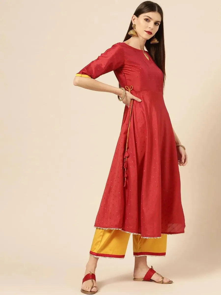 Anouk Red Zari Work Chanderi Silk Anarkali Kurta With Palazzos & Dupatta