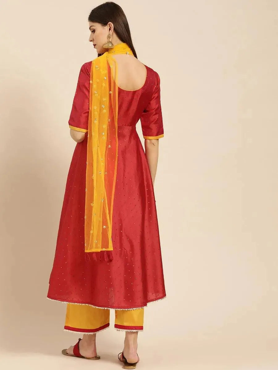 Anouk Red Zari Work Chanderi Silk Anarkali Kurta With Palazzos & Dupatta