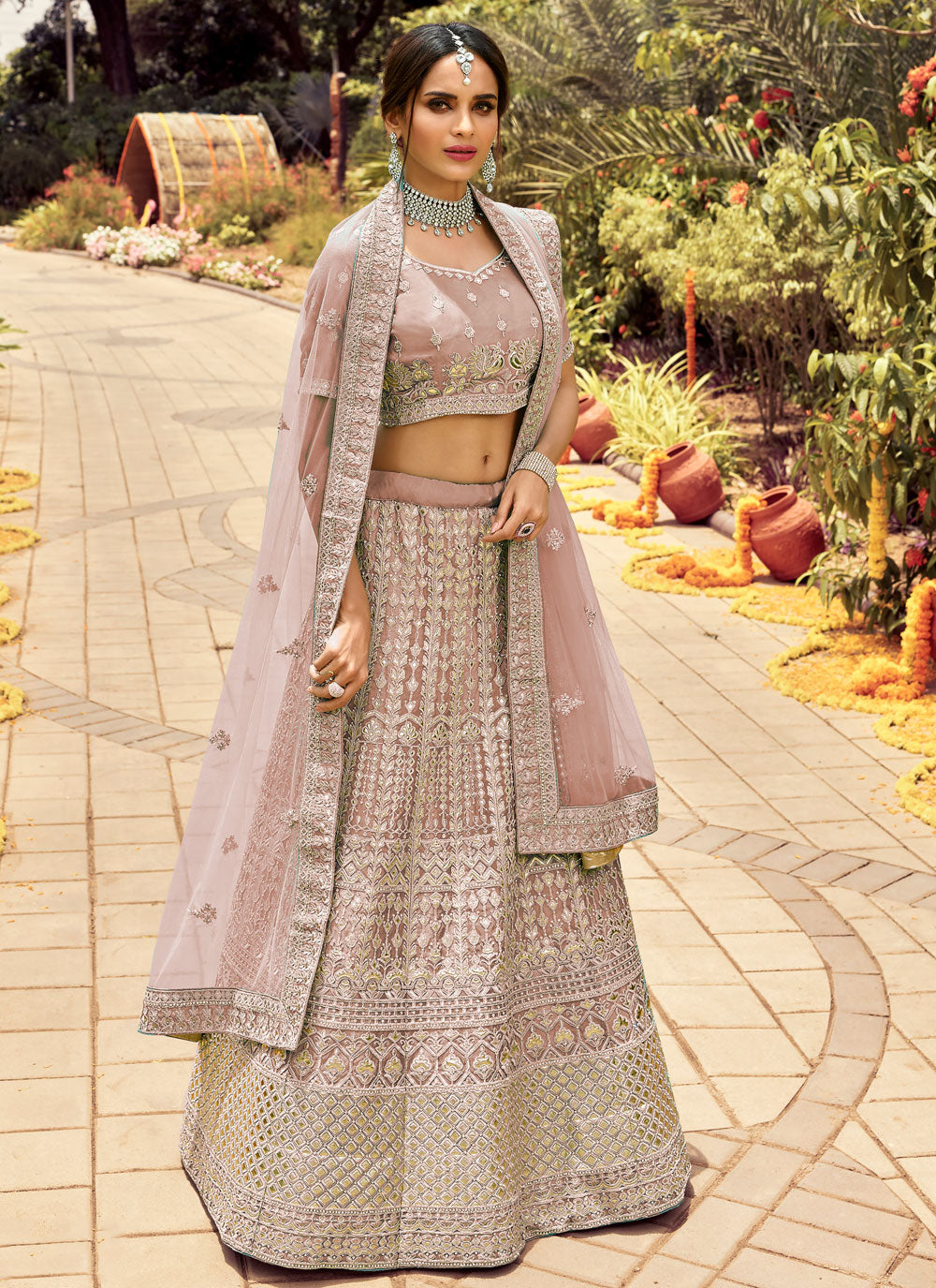 Light Purple Embroidered Organza Semi Stitched Lehenga