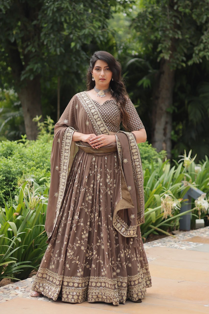 Roman Coffee Faux Blooming Lehenga Choli with Heavy Embroidery and Designer Dupatta