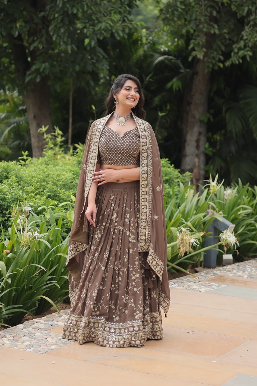 Roman Coffee Faux Blooming Lehenga Choli with Heavy Embroidery and Designer Dupatta