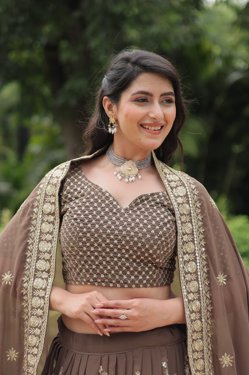 Roman Coffee Faux Blooming Lehenga Choli with Heavy Embroidery and Designer Dupatta