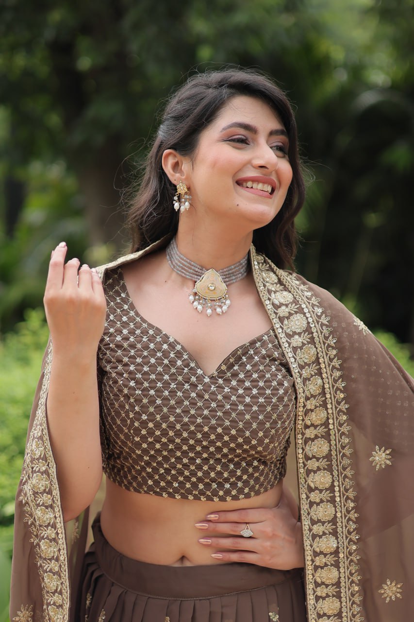 Roman Coffee Faux Blooming Lehenga Choli with Heavy Embroidery and Designer Dupatta