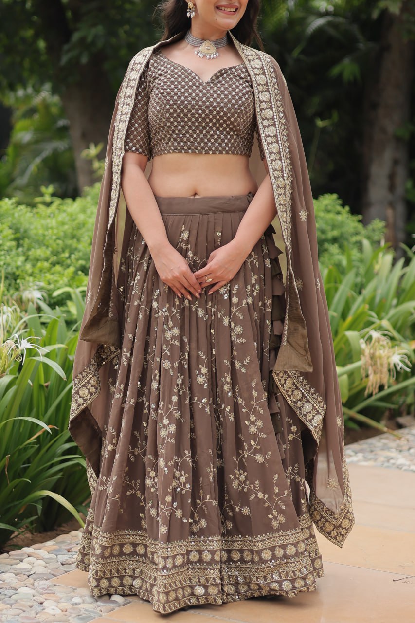 Roman Coffee Faux Blooming Lehenga Choli with Heavy Embroidery and Designer Dupatta