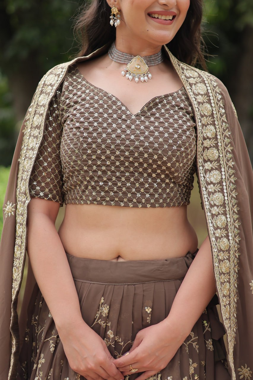 Roman Coffee Faux Blooming Lehenga Choli with Heavy Embroidery and Designer Dupatta
