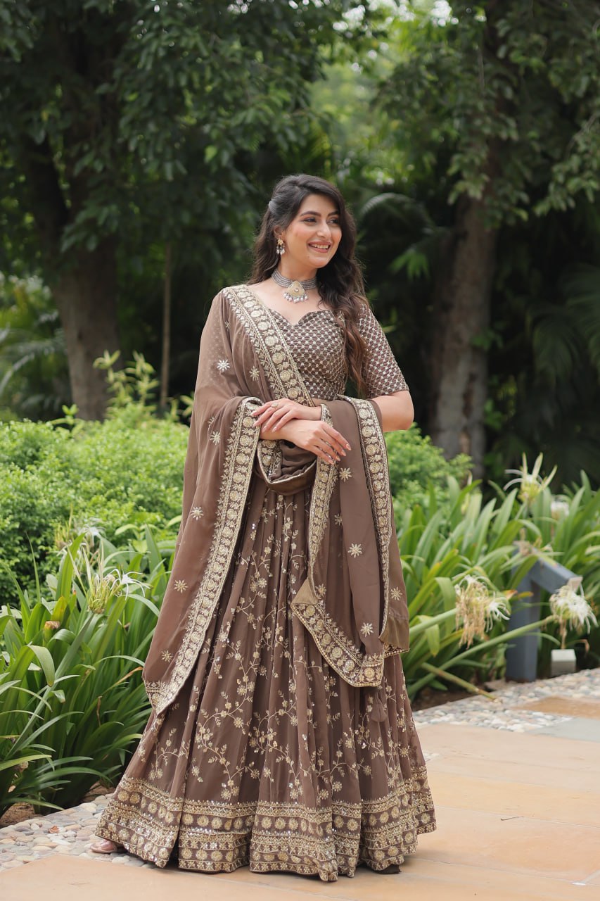 Roman Coffee Faux Blooming Lehenga Choli with Heavy Embroidery and Designer Dupatta