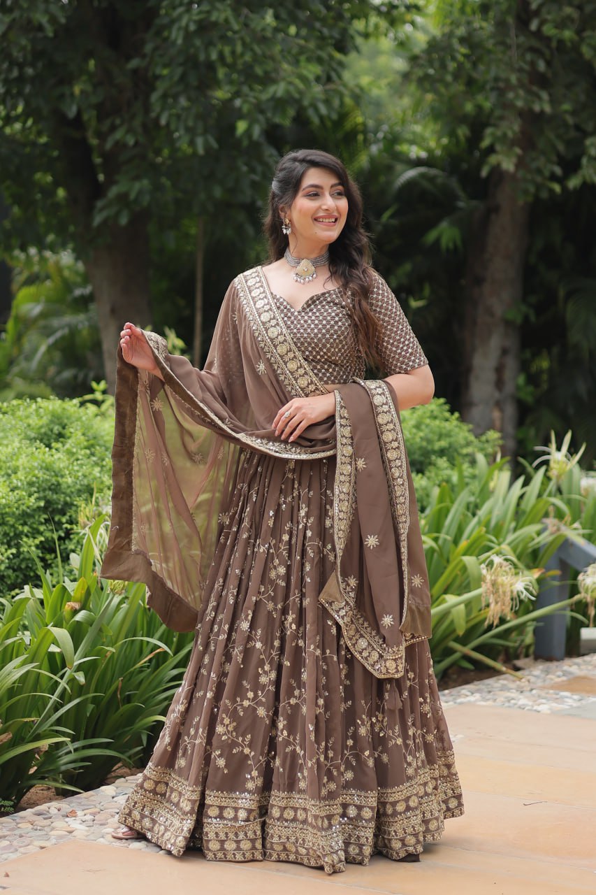 Roman Coffee Faux Blooming Lehenga Choli with Heavy Embroidery and Designer Dupatta