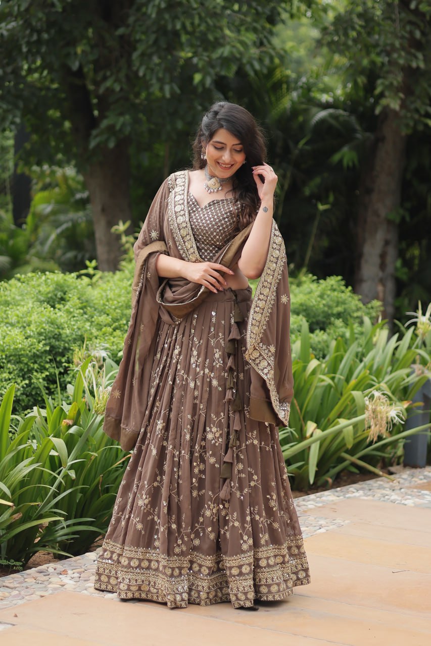 Roman Coffee Faux Blooming Lehenga Choli with Heavy Embroidery and Designer Dupatta