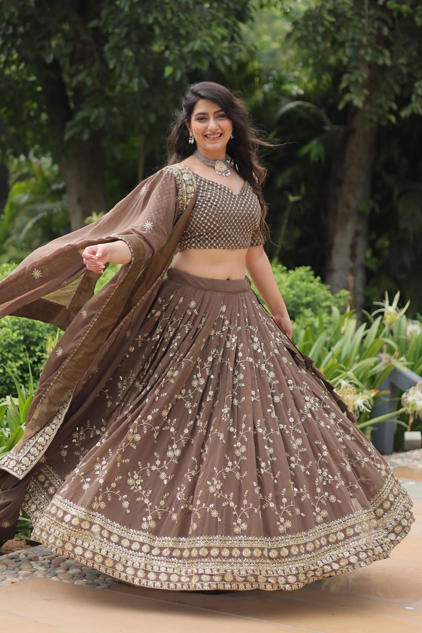Roman Coffee Faux Blooming Lehenga Choli with Heavy Embroidery and Designer Dupatta