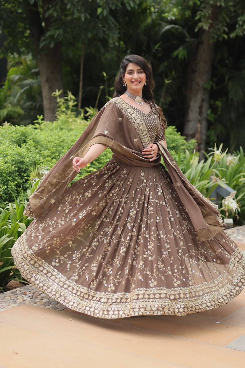 Roman Coffee Faux Blooming Lehenga Choli with Heavy Embroidery and Designer Dupatta