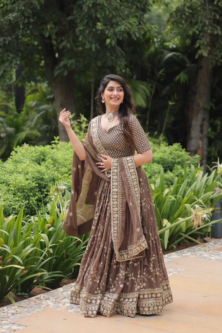 Roman Coffee Faux Blooming Lehenga Choli with Heavy Embroidery and Designer Dupatta