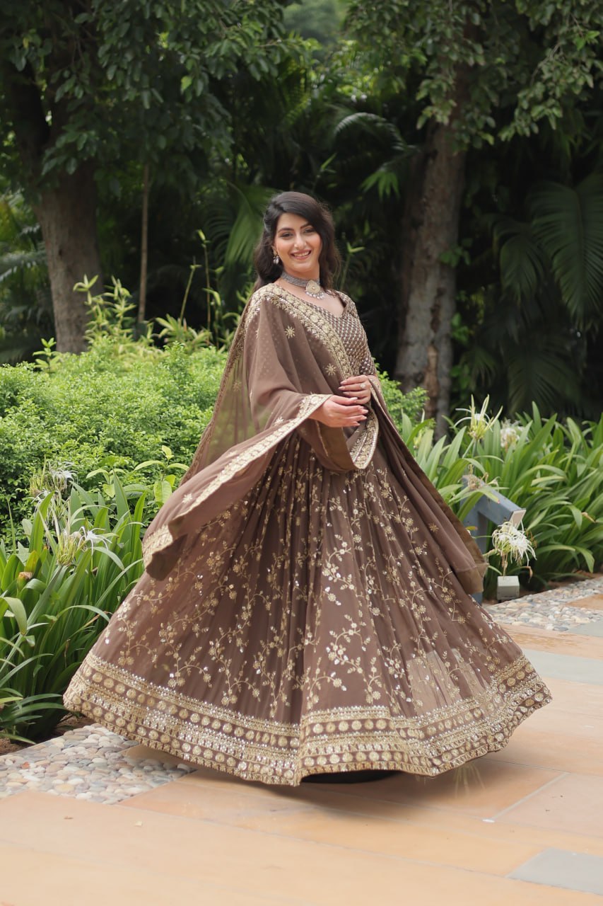 Roman Coffee Faux Blooming Lehenga Choli with Heavy Embroidery and Designer Dupatta