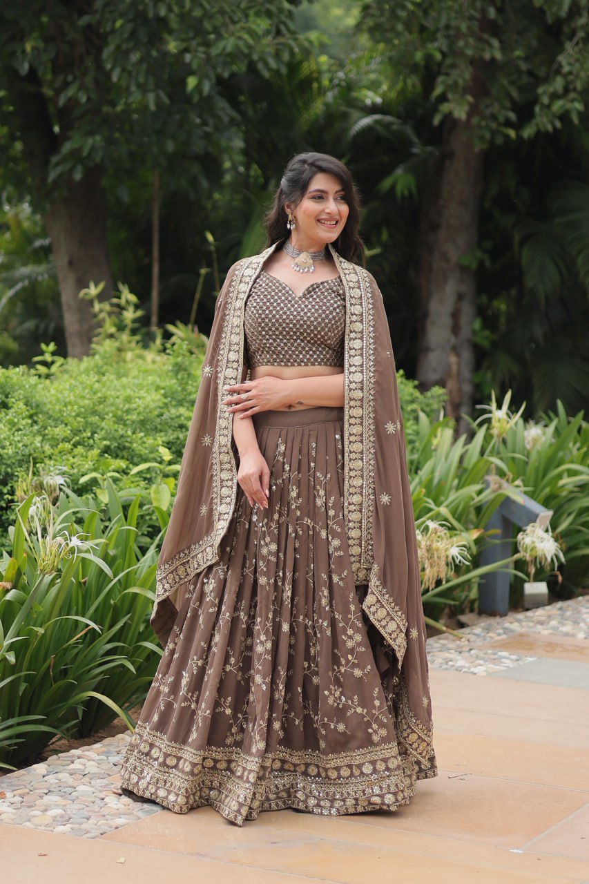 Roman Coffee Faux Blooming Lehenga Choli with Heavy Embroidery and Designer Dupatta
