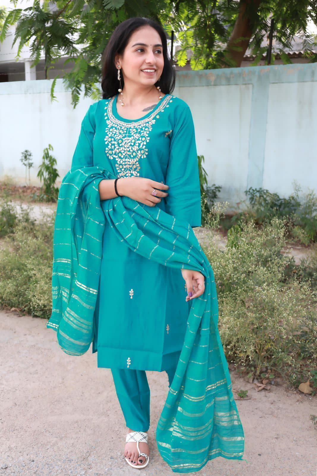 Roman Modal Silk Kurti Pant Set with Gota Patti & Chiffon Jacquard Dupatta
