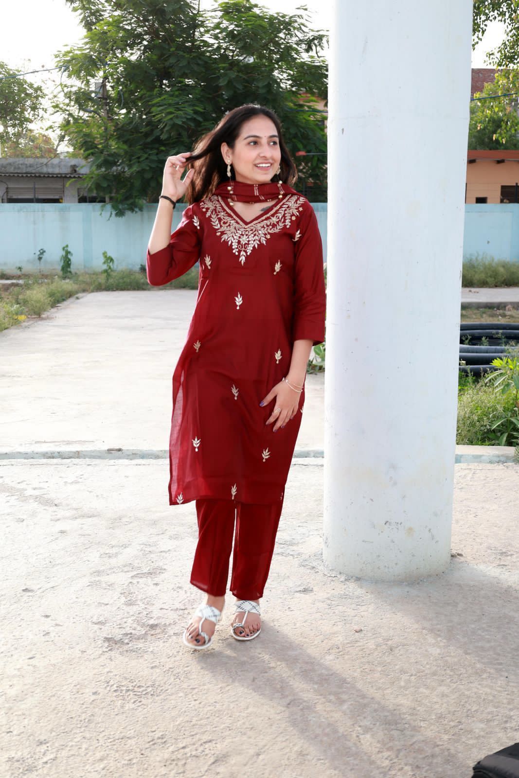 Roman Modal Silk Kurti Pant Set with Gota Patti & Chiffon Jacquard Dupatta