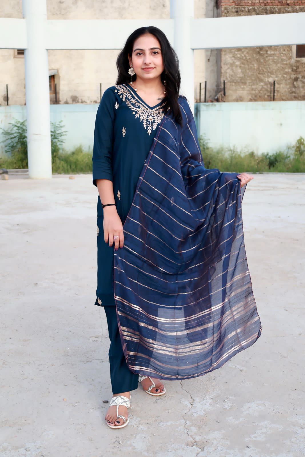 Roman Modal Silk Kurti Pant Set with Gota Patti & Chiffon Jacquard Dupatta