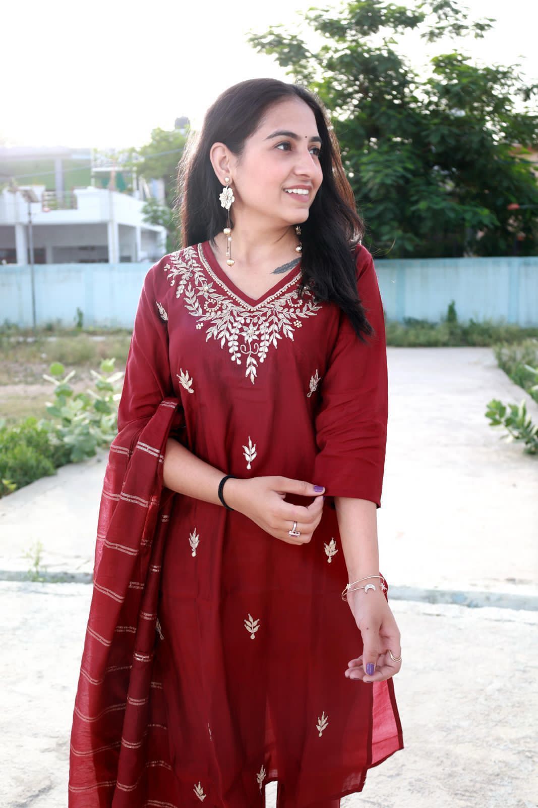 Roman Modal Silk Kurti Pant Set with Gota Patti & Chiffon Jacquard Dupatta