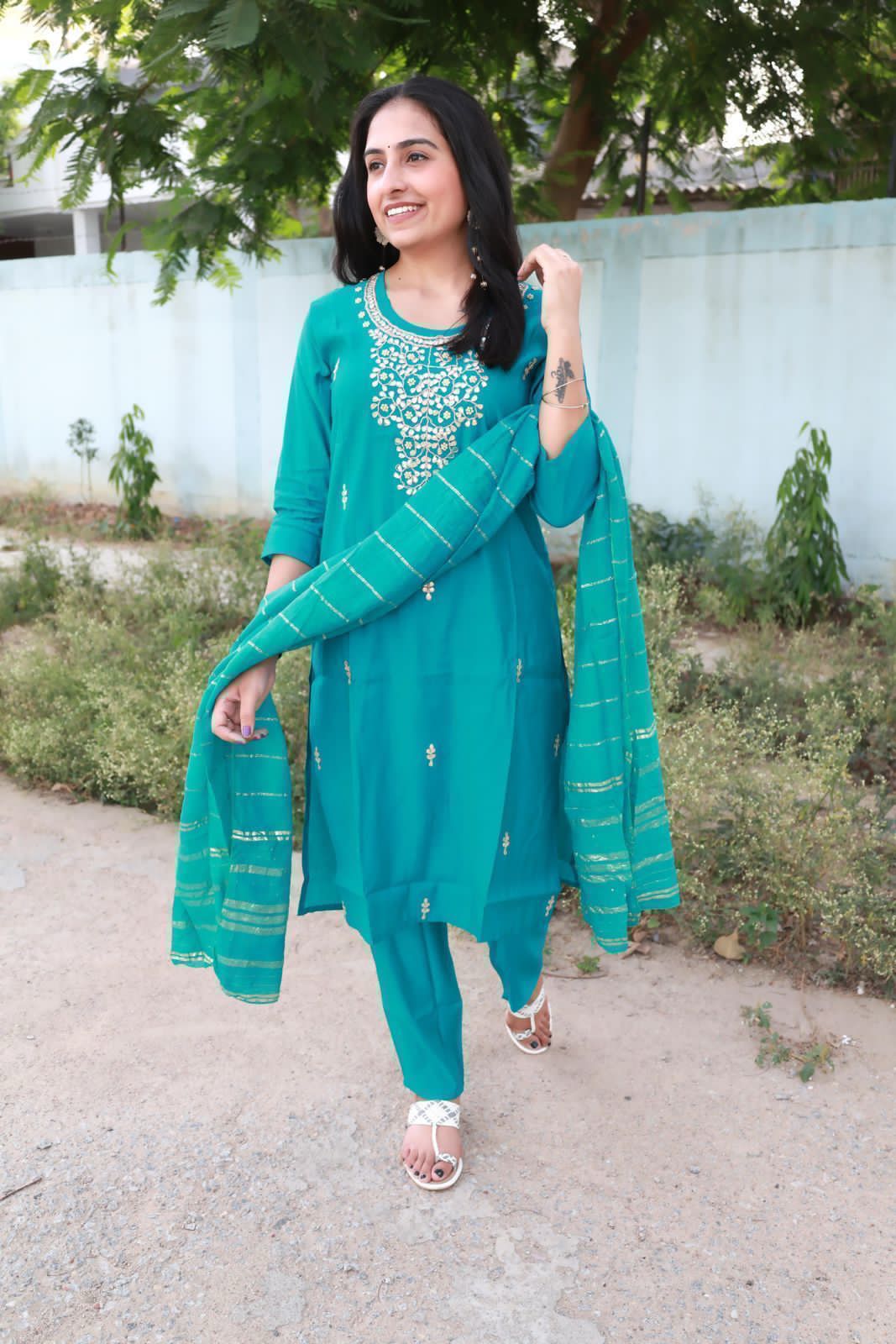 Roman Modal Silk Kurti Pant Set with Gota Patti & Chiffon Jacquard Dupatta