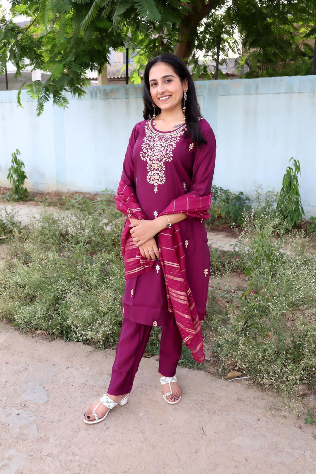 Roman Modal Silk Kurti Pant Set with Gota Patti & Chiffon Jacquard Dupatta