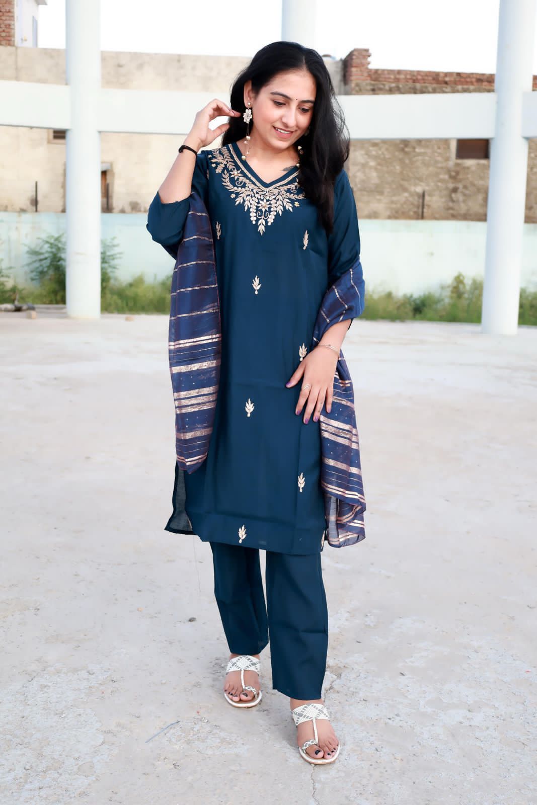Roman Modal Silk Kurti Pant Set with Gota Patti & Chiffon Jacquard Dupatta
