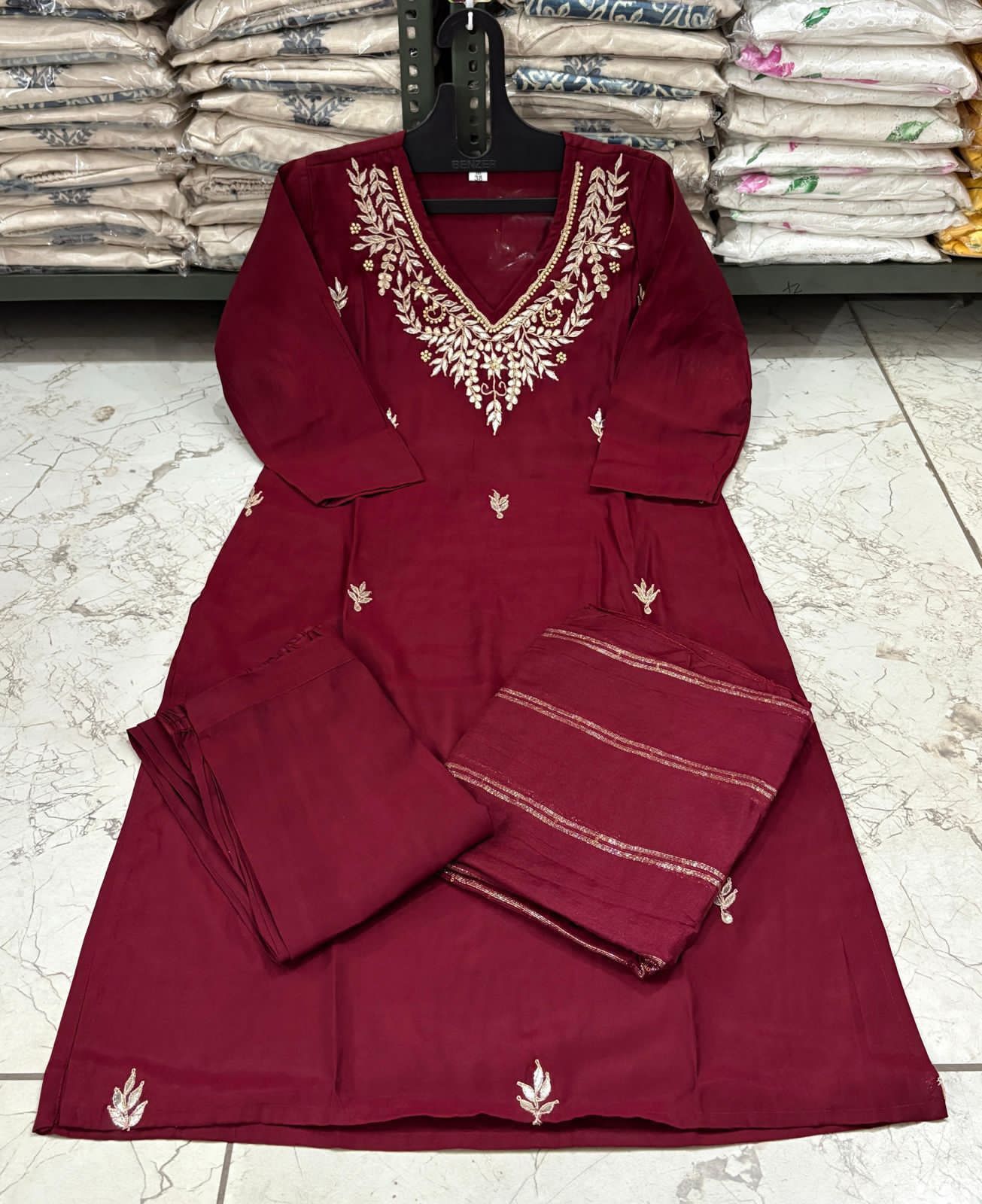 Roman Modal Silk Kurti Pant Set with Gota Patti & Chiffon Jacquard Dupatta