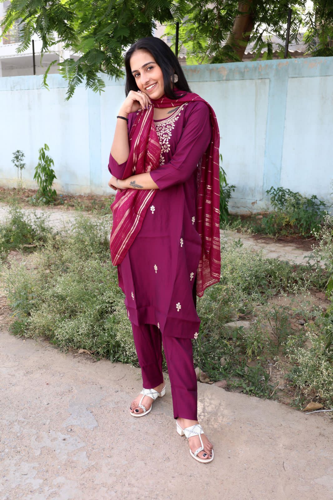 Roman Modal Silk Kurti Pant Set with Gota Patti & Chiffon Jacquard Dupatta