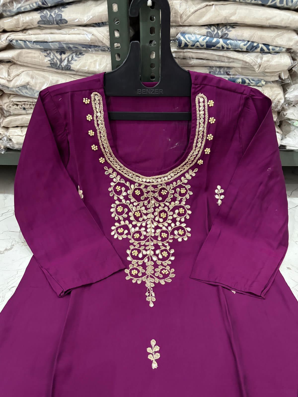 Roman Modal Silk Kurti Pant Set with Gota Patti & Chiffon Jacquard Dupatta