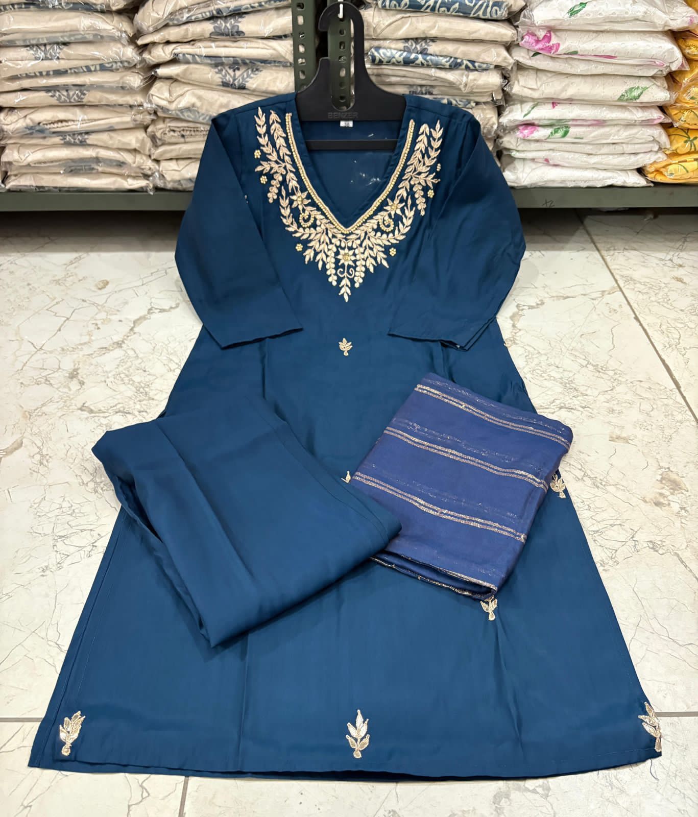 Roman Modal Silk Kurti Pant Set with Gota Patti & Chiffon Jacquard Dupatta